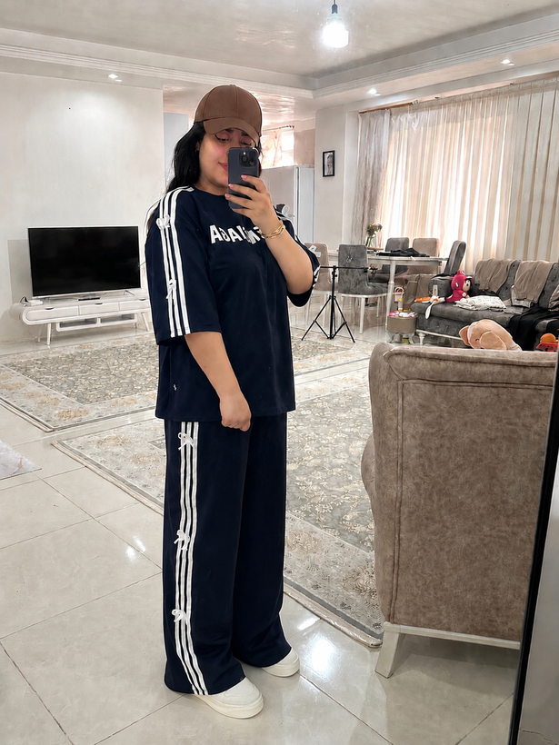 ست تیشرت لانگ و شلوار بگ نوار پاپیون