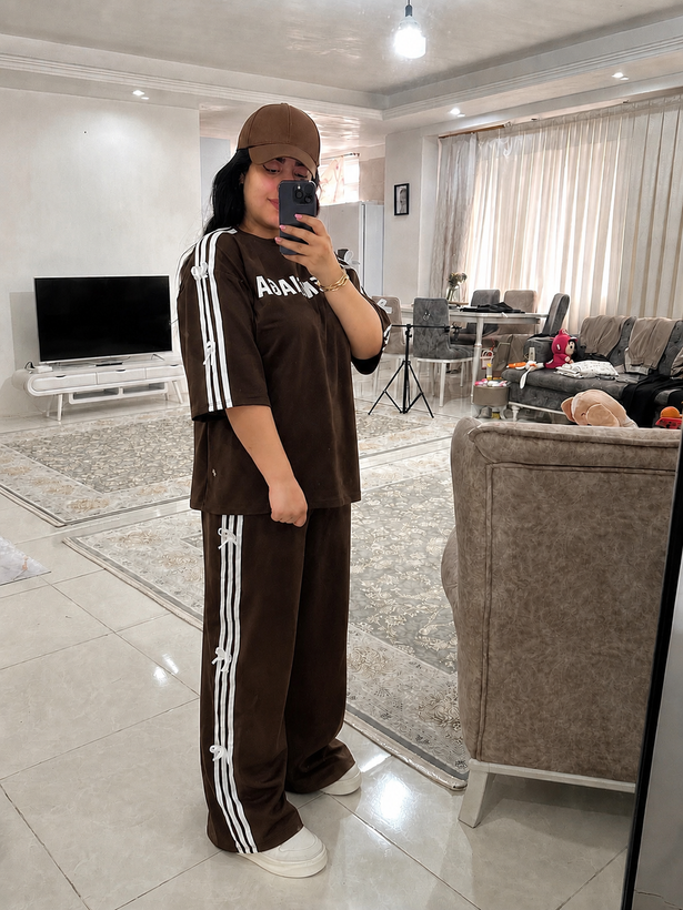 ست تیشرت لانگ و شلوار بگ نوار پاپیون