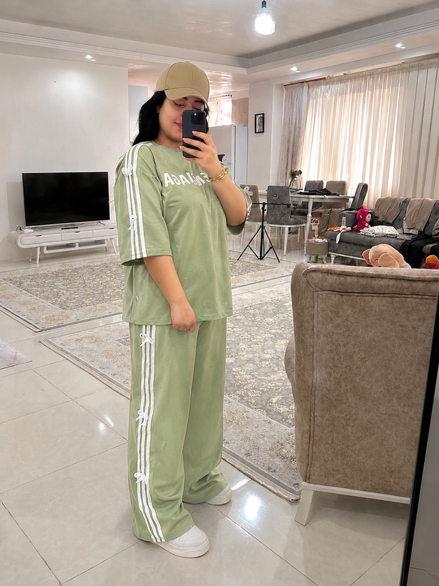 ست تیشرت لانگ و شلوار بگ نوار پاپیون
