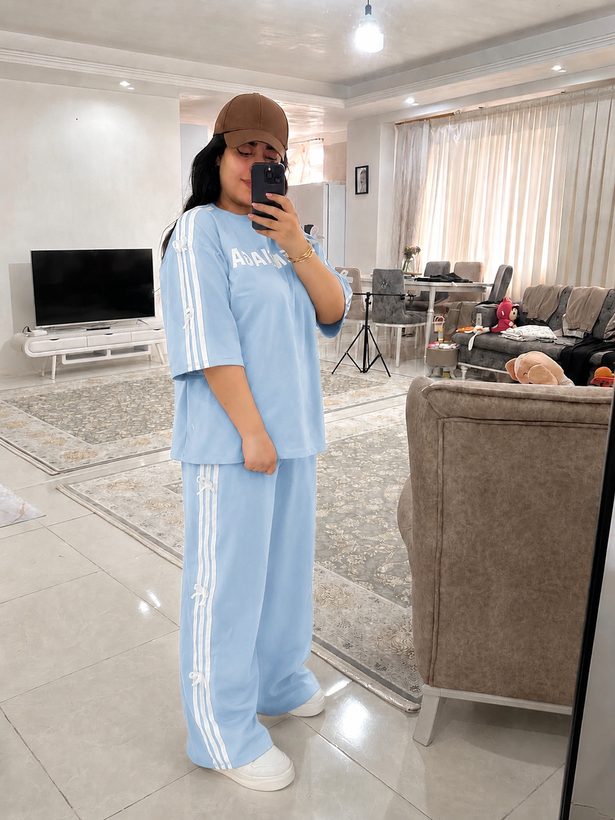 ست تیشرت لانگ و شلوار بگ نوار پاپیون